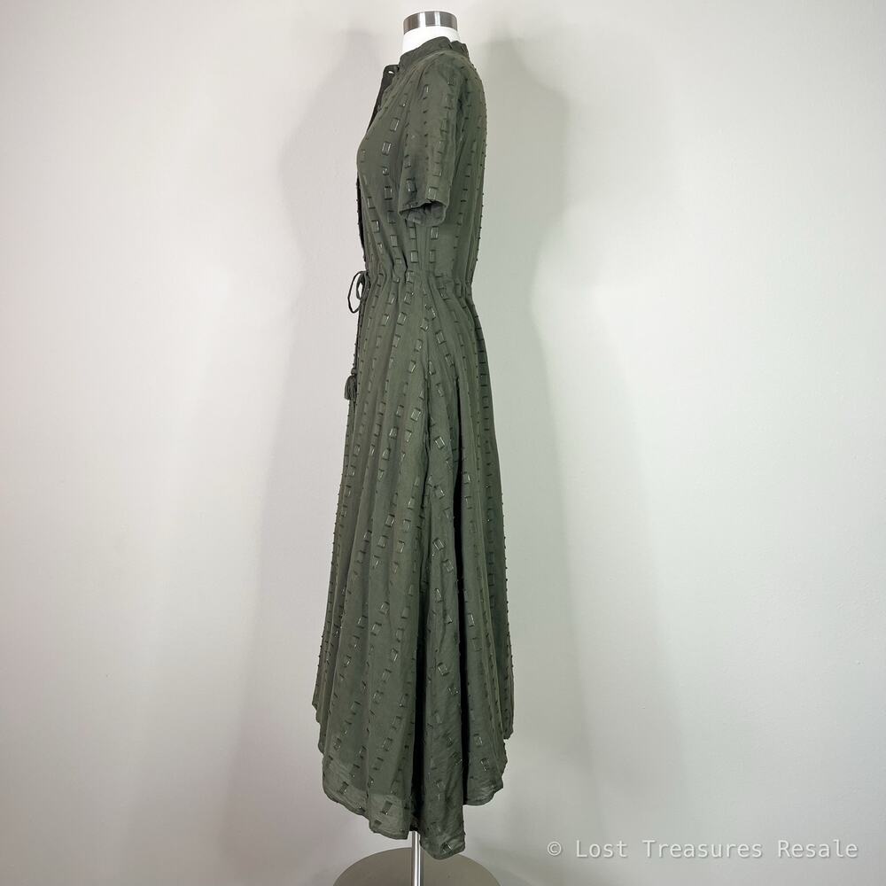 Never A Wallflower | Kelli Olive Green Textured Cotton Tassel Tie Maxi Dress XS - Picture 10 of 12